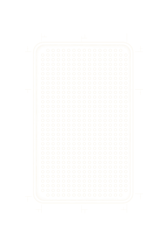 Line drawing of a rubber bar mat, a grid of raised studs inside a rounded rim.