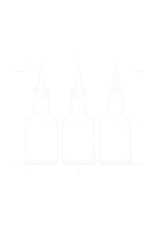 Line drawing of three dasher bottles with narrow spouts.