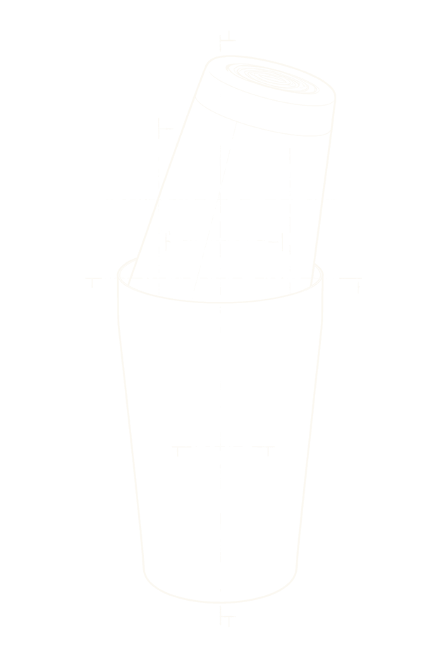 Line drawing of a two-tin Boston shaker, the small tin seated at an angle in the large one.