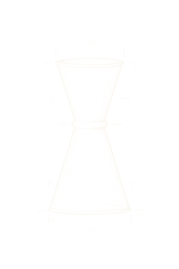 Line drawing of a tall double-ended Japanese jigger.
